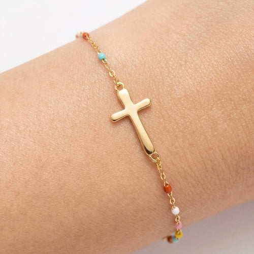 Dainty Boho Color Bead Cross Bracelet in Gold