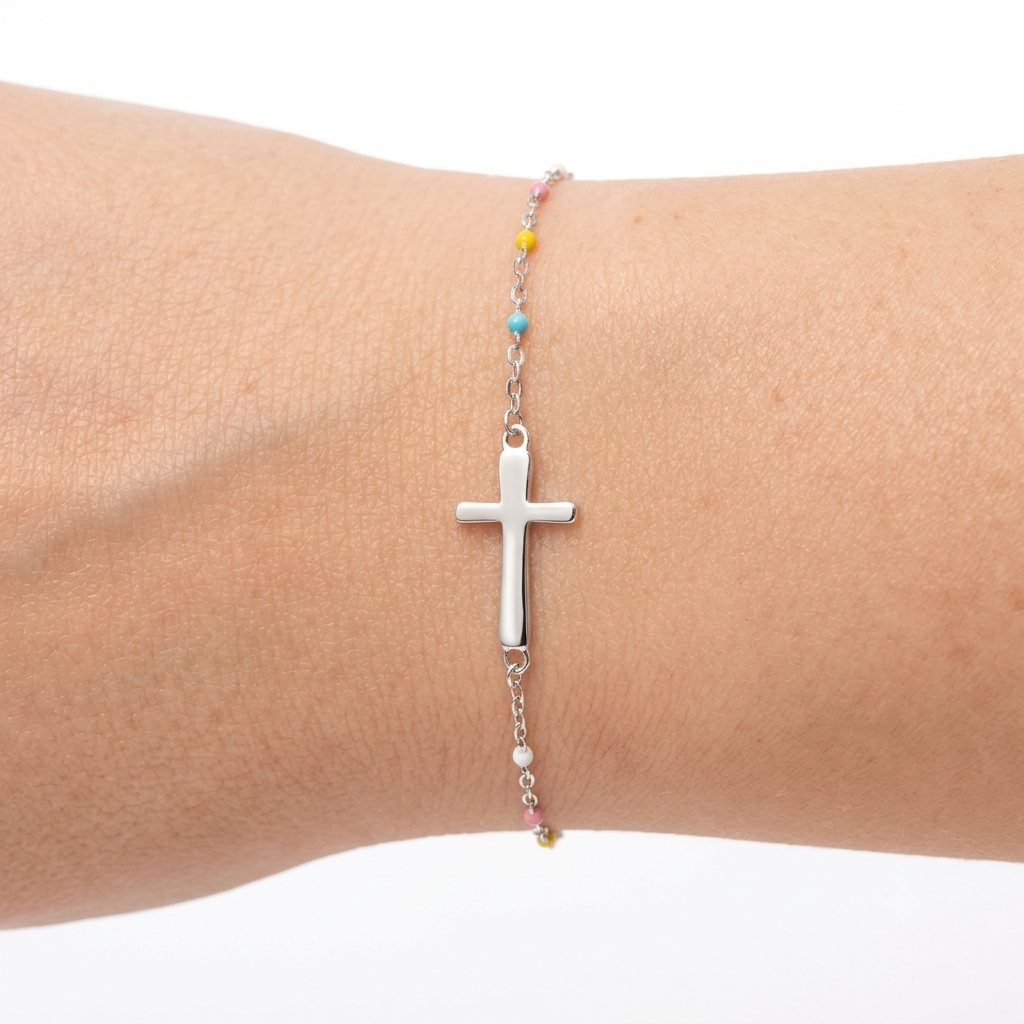 Dainty Boho Color Bead Cross Bracelet in Silver